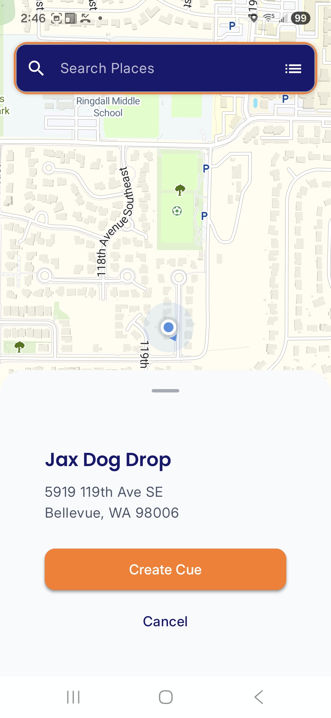 NeuraCue Android app — prompt to create a geofence cue after searching for a workplace