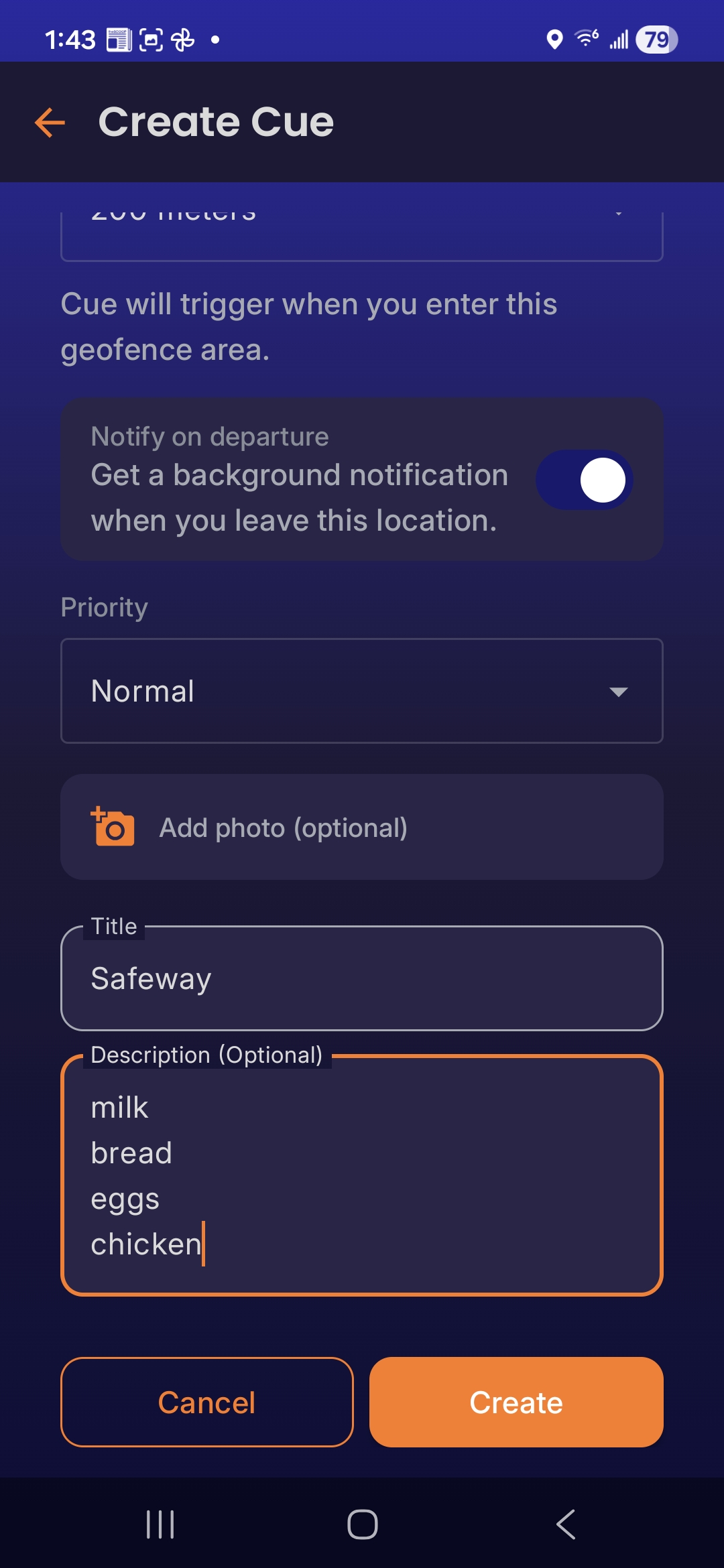 NeuraCue Android app — creating a location-based cue for a grocery store errand
