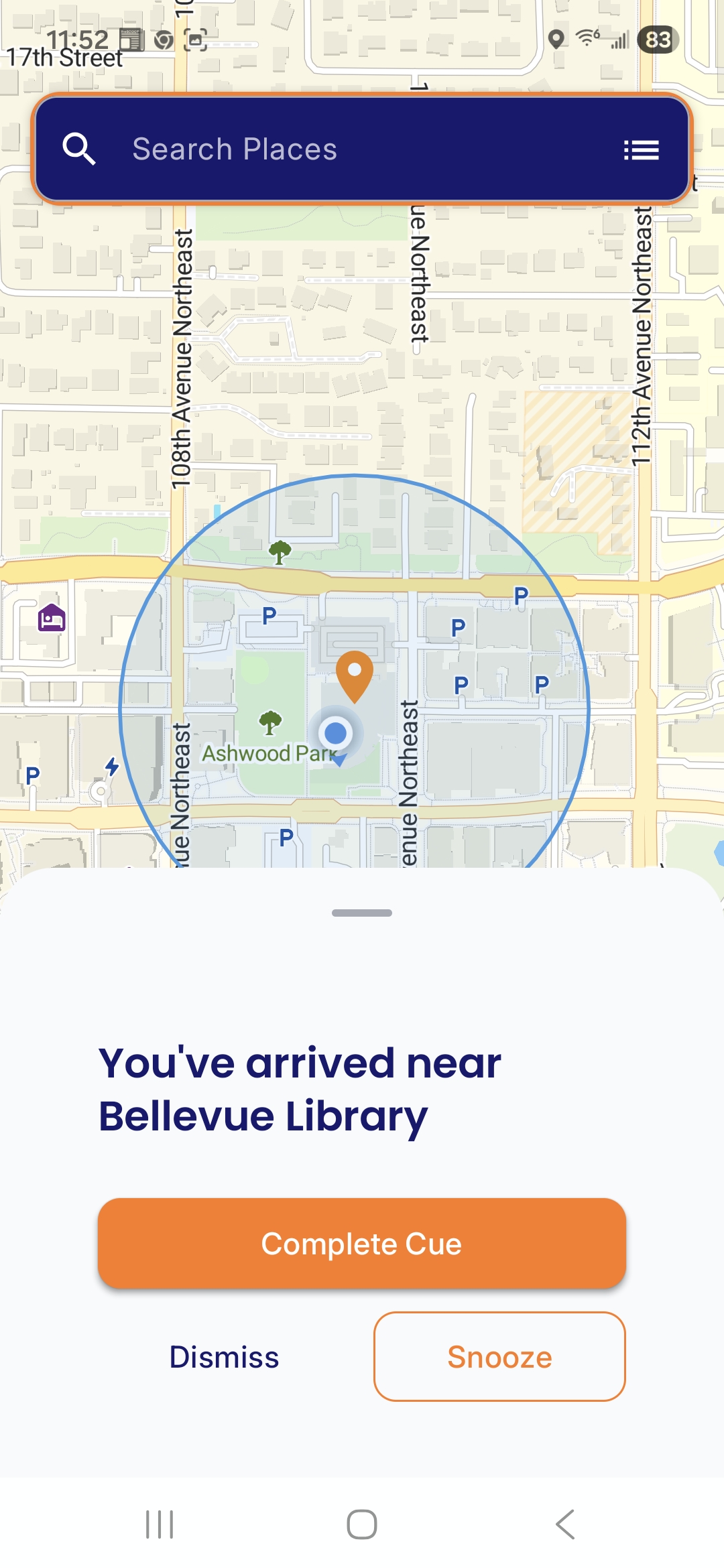 NeuraCue Android app — arrival notification firing when user reaches a geofenced location