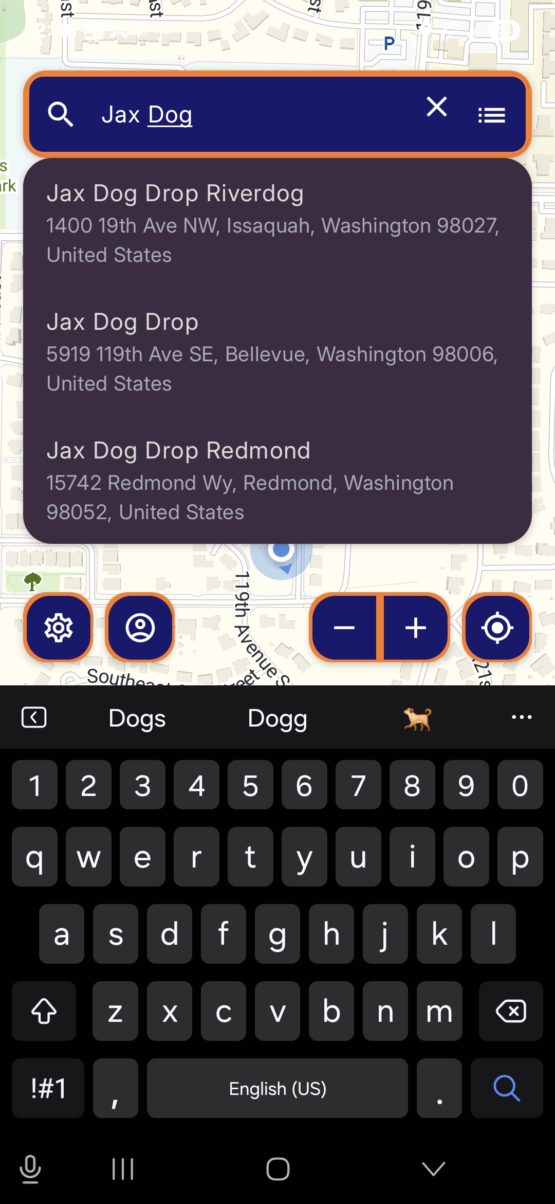 NeuraCue Android app — searching for a location offline using built-in map search