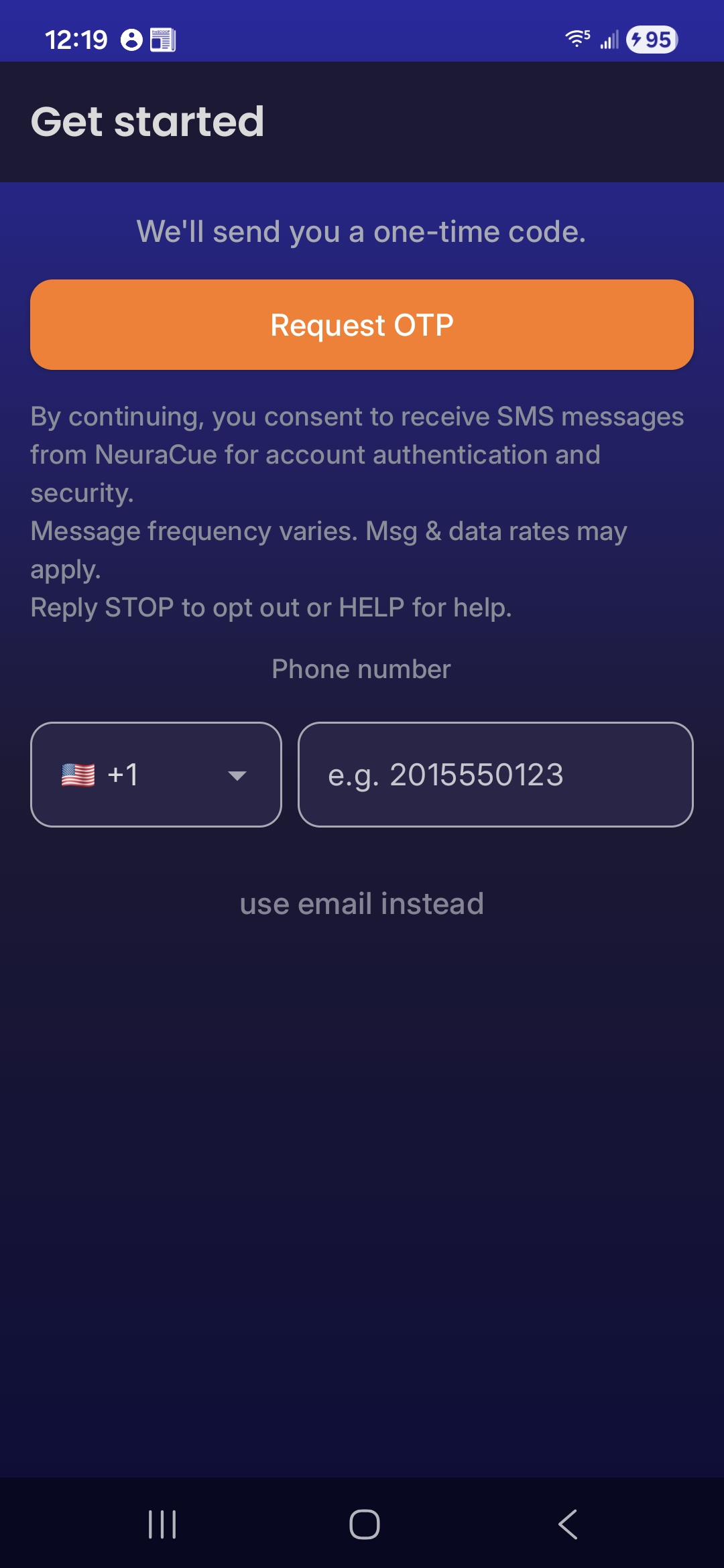 NeuraCue SMS consent screen showing opt-in disclosure